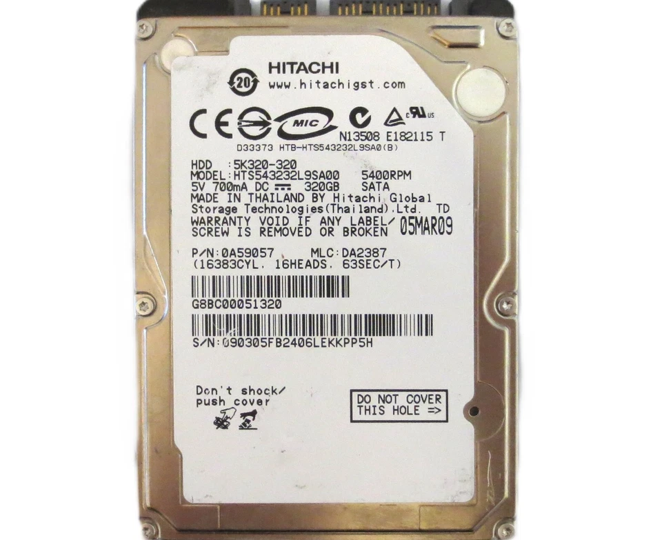 Hitachi HTS543232L9SA00 0A59057 DA2387 (0903) Thailand 320gb 2.5" Sata 05MAR09 - Image 1 of 1