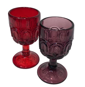 LE Smith Glass Moon & Star Lot 2 Amethyst Cordial & Ruby Red Goblet Wine Glass - Picture 1 of 7
