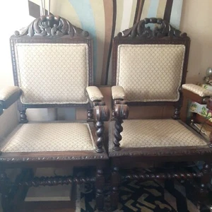 VINTAGE ROCOCO CARVED WALNUT ROPE TWISTED THRONE ARM CHAIR PADDED SEAT 1 or 2 - Picture 1 of 12