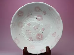 Fine Stoneware Serving Bowl Bunny Rabbit Flower w Pearl Luster Iridescent Swirl - Foto 1 di 11