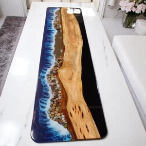 Mesa de comedor de resina epoxi de onda azul del océano 60"x15" decoración de borde vivo de madera de acacia - Imagen 1 de 11