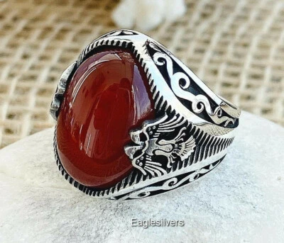 Handmade Aquila Massiccio 925 Argento Sterling Rosso Agata Pietra Uomo da Donna - Immagine 1 di 4