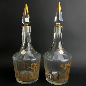 19c Bohemian or Venetian Glass Pair of Gilt Decorated Faceted Wine Decanters b - Picture 1 of 11