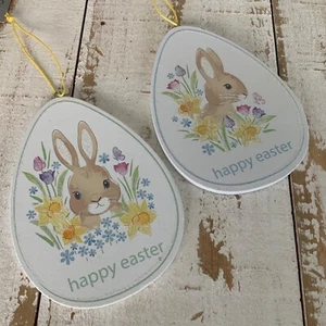 14cm Wooden Egg Hanging Easter Decoration Happy Bunny Daffodils Gisela Graham - Picture 1 of 3
