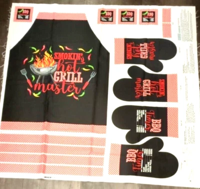Smokin Hot Grill Cooking Apron and Mitts Cotton Quilting Fabric Panel - Image 1 of 4