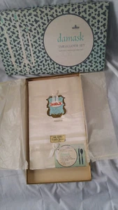 NIB Vintage Ivory Damask Cotton Hand Hemmed Table Cloth Napkin Set Combed Yarn - Picture 1 of 8