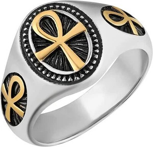 Anillos amuleto copto egipcio antiguo cruz dorada o plateada Ankh de acero inoxidable - Imagen 1 de 30