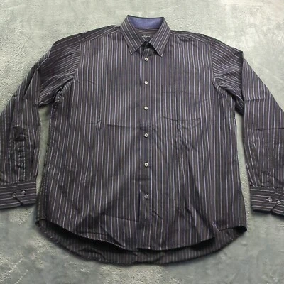 Bugatchi Uomo Mens XL Shirt Black Purple Stripe Flip Cuff Flip Collar Button Up - Image 1 of 4