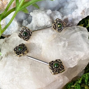 PAIR Opal Glitter Center Tribal Flower Nipple Rings Shield Barbells 14g 14 gauge - Picture 1 of 7