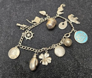 Vintage Sterling Silver Charm Bracelet 20g Bear Baseball Acorn Boxing Clover - Picture 1 of 19