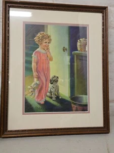 Litografía enmarcada de 16,5" Mabel Rollins Harris imagen de niño y perro - Imagen 1 de 3