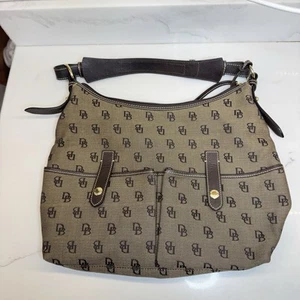 Dooney & Bourke Canvas Shoulder Bag Double Front Pocket Monogram Brown - Picture 1 of 12