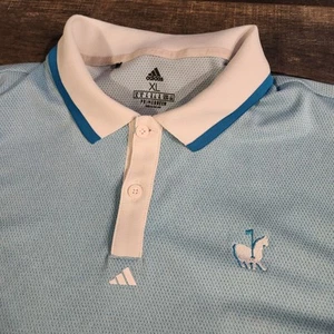 Adidas Polo Shirt Lama Logo Golf Mens XL Blue Prime Green Performance - Picture 1 of 6