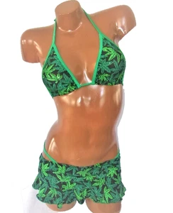 Nuovo perizoma da ballerino esotico bikini set 3 pezzi tazza A/B 420 pentola di marijuana stampa foglia - Foto 1 di 3