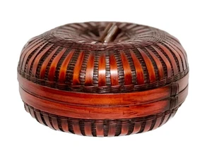 VTG Chinese PUMPKIN BASKET Round Lid Stem Handle 7.5” Orange Red Shanghai China - Picture 1 of 7