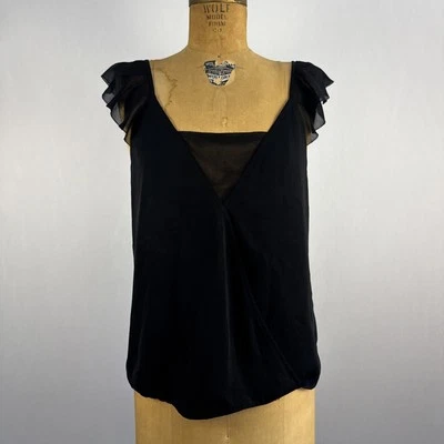 Chelsea 28 Ruffle Cap Sleeve Women’s Small Black V Neck Open Back Blouse Top - Image 1 of 4