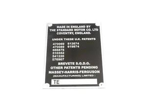 DATA PLATE FITS TO MASSEY FERGUSON TRACTOR  ENGLAND TE20 TEA20 TED20 TEF20 - Picture 1 of 6