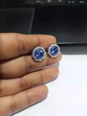 Wedding Cufflink Men's 14k White Gold Plated 3Ct Round Cut Tanzanite Lab Created - Image 1 of 4