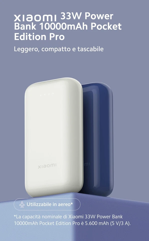 Xiaomi Mi PowerBank PocketPro 10000 mAh 33W Fast-Charge Adatto per Aereo Avorio