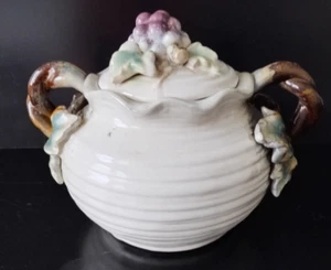 Rustic Vintage Lidded Tureen Art Pottery Grapes Leaves Vines In Relief Rare READ - Picture 1 of 21
