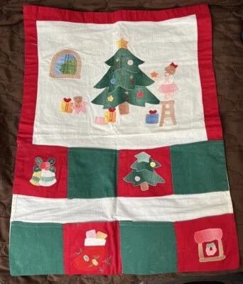 VTG Advent Wall Hanging Hand Sewn Cloth 8 Pockets Little Girl Tree Presents - Image 1 of 2