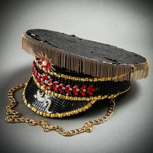 Steampunk Burning Man Captain Hat with Rhinestone Jewelry & Golden Chain - Black - Picture 1 of 11