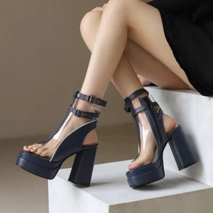 Women Peep Clear Buckle Strap Slingback High Block Heel Sandals Punk Ankle Shoes - Picture 1 of 23