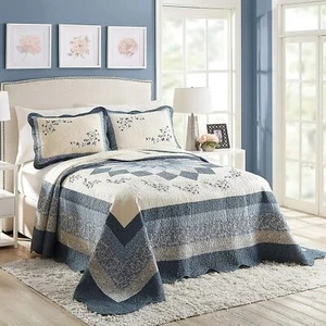 New! BEAUTIFUL XXXL COTTAGE WHITE LIGHT BLUE NAVY ROSE FLORAL QUILT BEDSPREAD - Picture 1 of 1