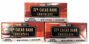 9 Bars Trader Joe's 72% Cacao Dark Chocolate Candy Bars 1.65 oz Each Bar - Picture 1 of 5