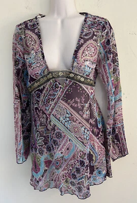 Túnica Mixit Petite Para Mujer Púrpura Aqua Transparente Cuentas Boho Festival Profundo V Talla M Foto 1 de 4