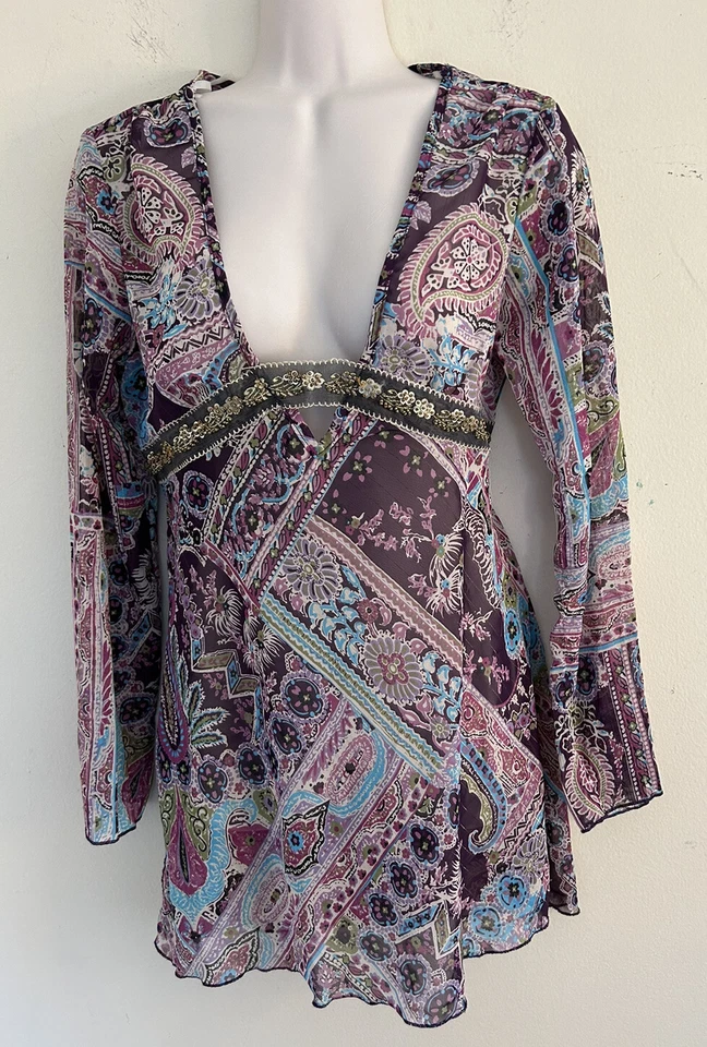 Túnica Mixit Petite Para Mujer Púrpura Aqua Transparente Cuentas Boho Festival Profundo V Talla M Foto 1 de 4