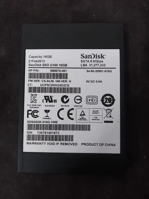 Unidad de estado sólido SanDisk U100 16 GB SATA 2,5" HP P/N 680675-001/688328-001 Foto 1 de 2