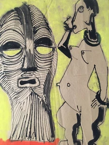 Sehr schöne surrealistische Zeichnung Gouache Papier Jacques Allonsius 1962 Maske - Bild 1 von 11