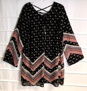 Xhilaration Kleid schwarz rosa weiß Print LS Criss Cross Ausschnitt gefüttert XXL EC! - Bild 1 von 7