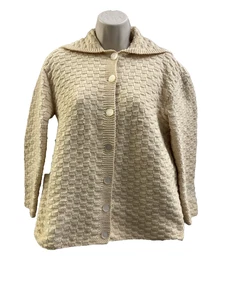 Vintage Handmade Button Cardigan Women L Knit Cream 1950s Fisherman Sweater - Picture 1 of 7
