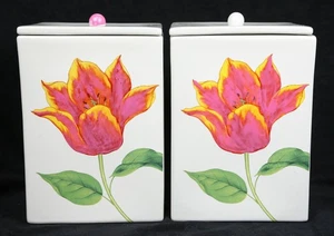 [Set of 2] Retro 8.5” tall Square Canisters w/ Tulips Seasons of Cannon Falls - Picture 1 of 16