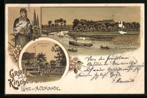 Lithographie Lühe /Altland, Gasthaus Fährhaus Lühe, Altländerin in Tracht 1908  - Picture 1 of 2