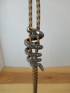 VTG Bolo Tie South Western Native Navajo Rattlesnake Turquoise Eye Leather Strap - Picture 1 of 18