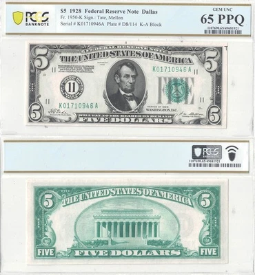 1928 $5 Federal Reserve Note Fr-1950-K PCGS Gem CU-65 PPQ - Image 1 of 3
