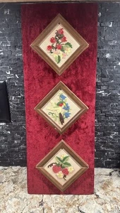 Vintage Crewel Embroidery Framed Art Hummingbird Flowers Strawberry Wall Decor - Picture 1 of 9