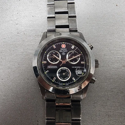 Swiss Military Chronograph Watch Men 37mm Black Dial Black Tone Daydate READ!!!! - Image 1 of 4