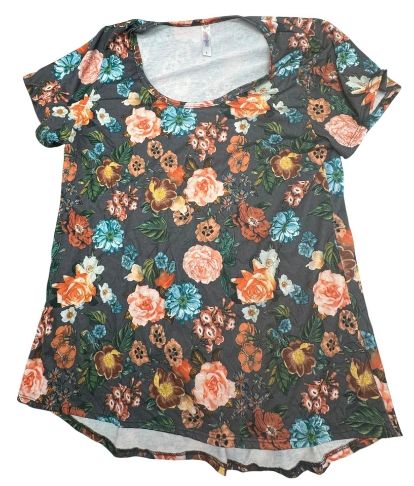 Camiseta Lularoe Floral Manga Corta Mujer L Suave Elástica Tela Gris LEER Foto 1 de 4