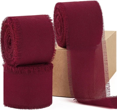 Burgundy Chiffon Ribbon 1.5 Inch X 3 Rolls Total 21 Yards Handmade Fringe Silk C - Image 1 of 4