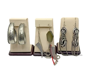 Lot of 3 Vintage Modernist Silver Plated Statement Dangle Hoop Earrings - Picture 1 of 8