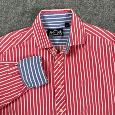 Camisa R&G Robert Grahm Grande Roja Blanca Azul Rayas Algodón Abotonado Para Hombre Foto 1 de 4
