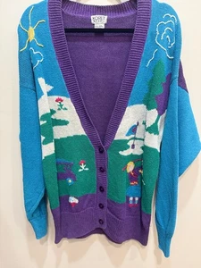 Vintage 90s Koret Sport Women M Purple Golf Scene Cardigan Colourful Grannie - Picture 1 of 11