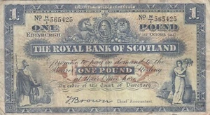 Royal Bank of Scotland 1 pound Brown Edinburgh 1947 P-322 - Picture 1 of 2