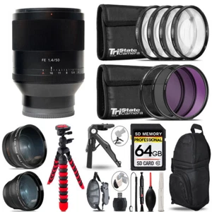 Sony Planar T* FE 50mm f/1.4 ZA Lens -3 Lens Kit + Tripod +Backpack -64GB Kit - Picture 1 of 5