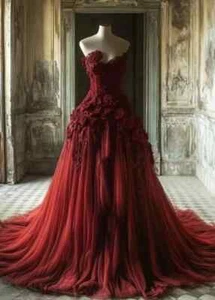 Vintage Burgundy Wedding Dresses Sweetheart Lace Appliques Tulle Bridal Gowns - Picture 1 of 10