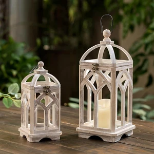 Farmhouse Lanterns Decorative Indoor: 11" & 15" Set of 2 White Wooden Candle Hol - Picture 1 of 7